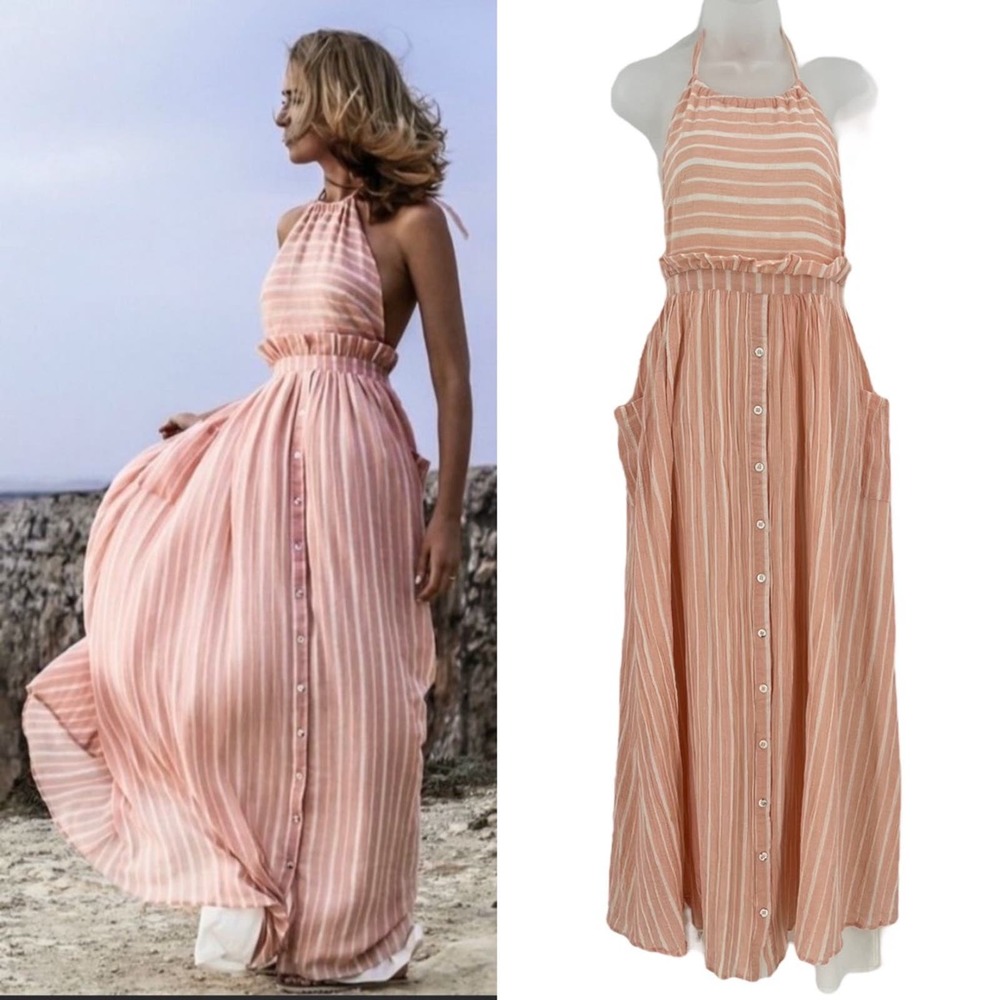 Mara Hoffman Blush-Peach Striped Halter Maxi Dress